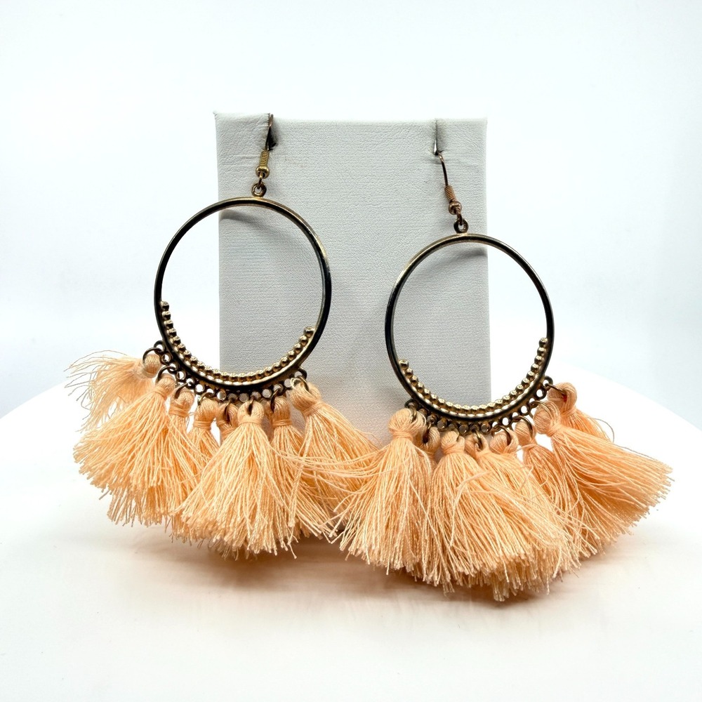 Vintage Y2K Boho Peach Fringe Tassel Hoop Earrings Bronze Tone Large Dangle